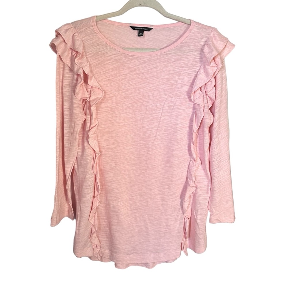 Banana Republic Women’s Sz  M Pink Blouse 3/4 Sleeve Cotton Blend Ruffle Accent
